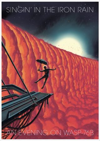 massive red clouds stretch across a planet's atmosphere in this retro poster. The silhouette of a man with an umbrella appears flying amid the red clouds.