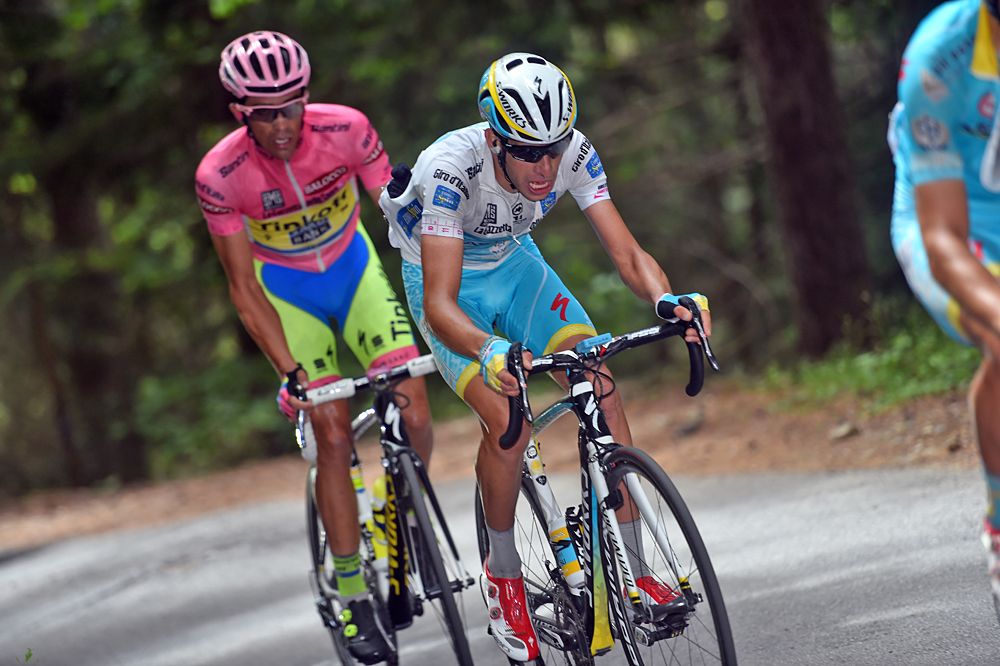 Fabio Aru about to be attacked by Contador