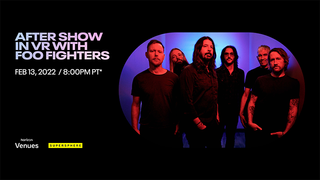 The Foo Fighters reday to perform next to the words "February 13, 8PM PT"