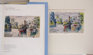 At right is a Mark Landis forgery of an original painting by Paul Signac, a French painter whose work often portrayed the French coast. The original was titled "Tug Boat and Barge in Samois." The original currently hangs in the Hermitage Museum in St. Pet