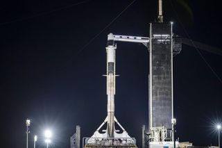 SpaceX's Falcon 9 rocket and cargo Dragon capsule on the pad ahead of a planned Dec. 5, 2020, launch toward the International Space Station.