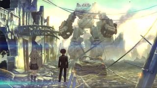 underrated Switch games: two characters from 13 Sentinels are looking at a large mech standing in a destroyed cityscape