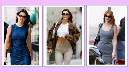 Kendall Jenner sunglasses: Kendall Jenner pictured in a three-picture template wearing pairs of black and brown rectangle sunglasses /in a purple template