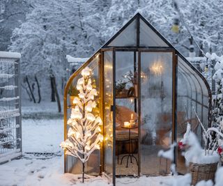 Greenhouse in the snow with fairy lights