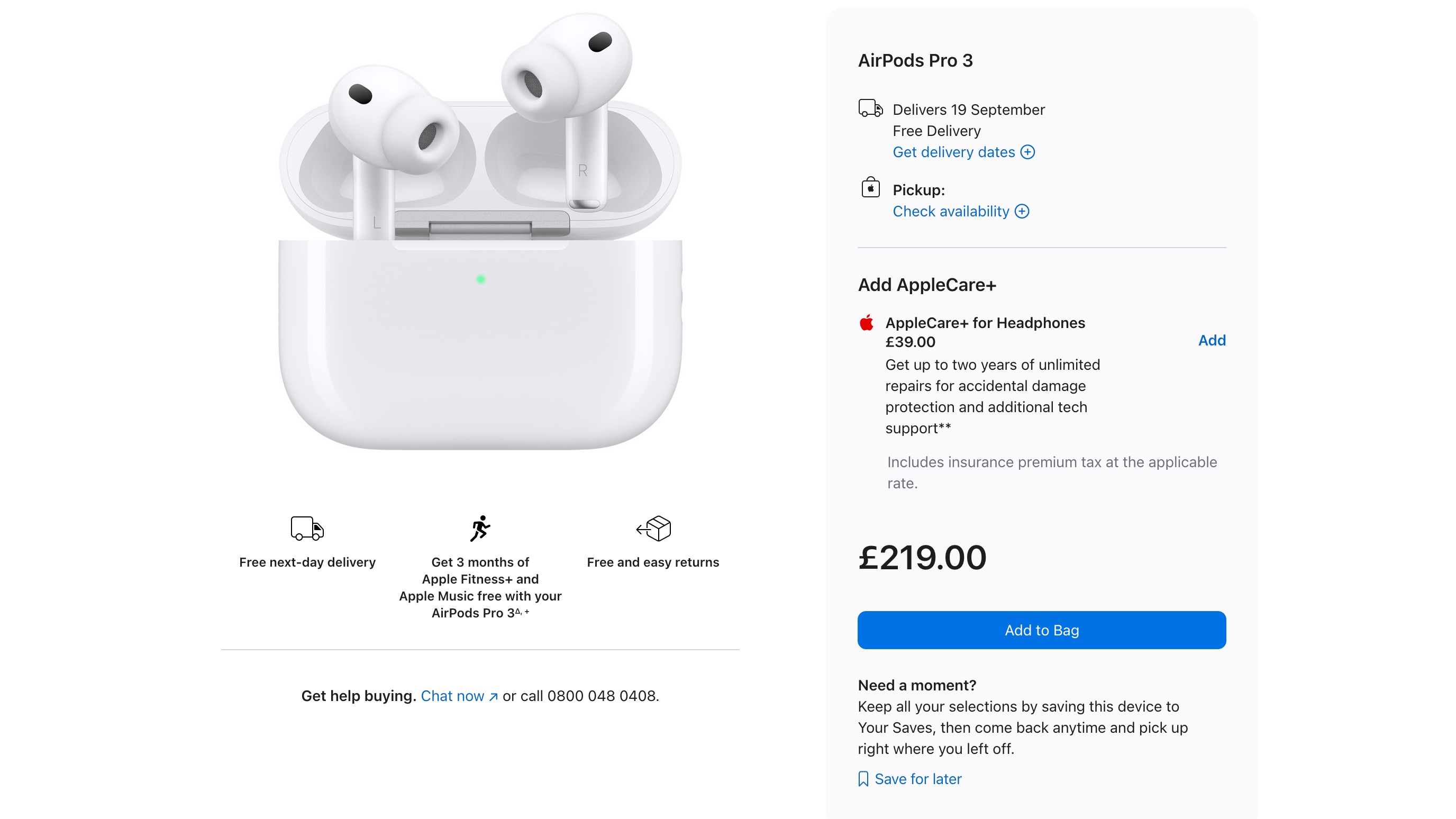 AirPods Pro 3 price on pre-order page on Apple UK website