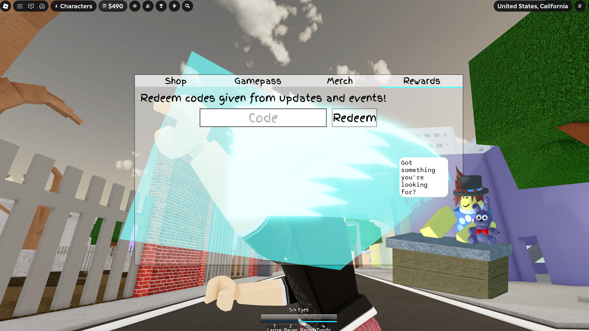 The Jujutsu Shenanigans menu with the redeem codes tab open