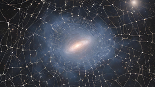 An illustration shows a galaxy ensnared within a cosmic web. 