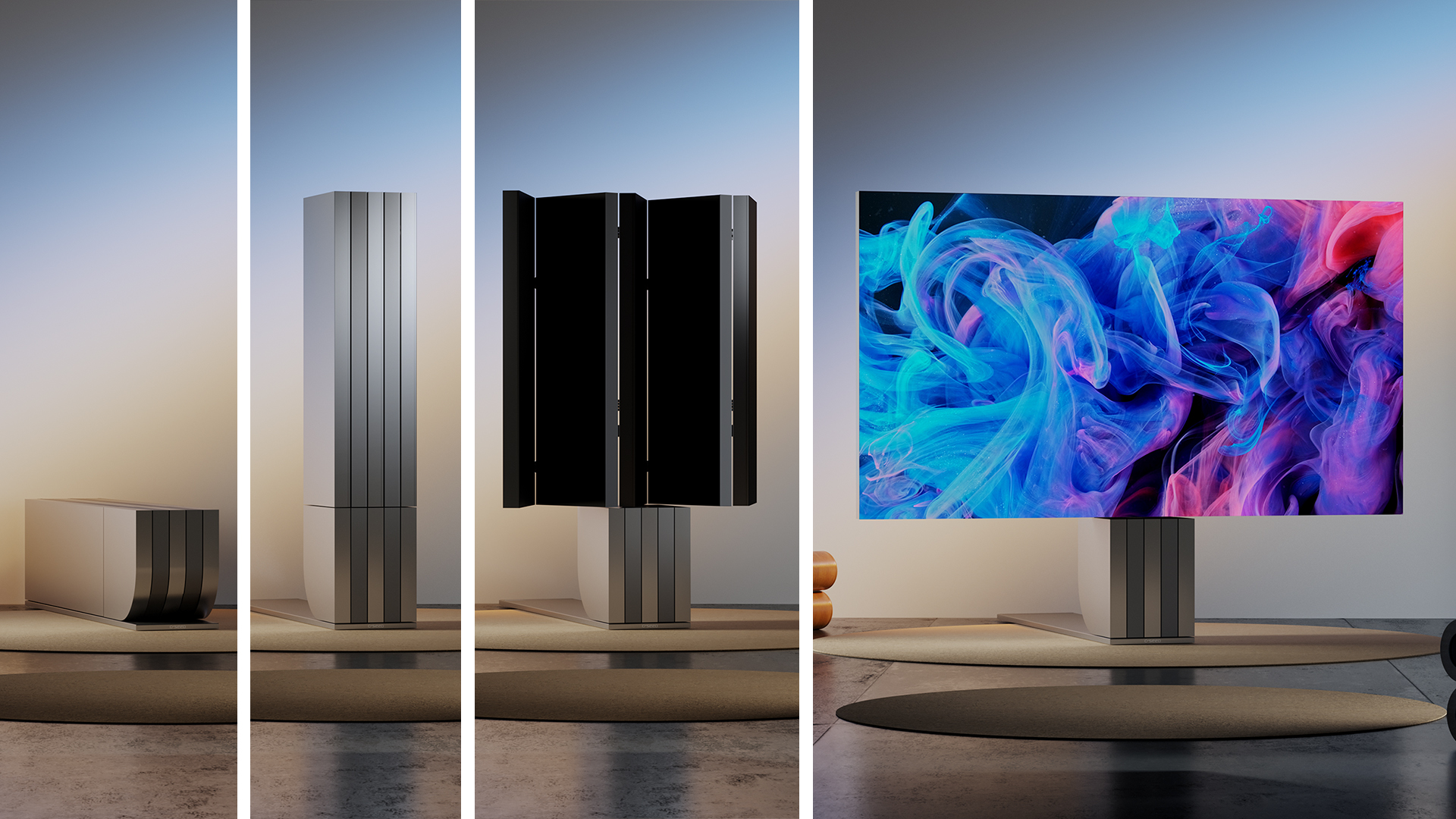 Collage de imágenes de C-SEED N1 TV que muestra la transformación del set de un cuboide de metal a un televisor