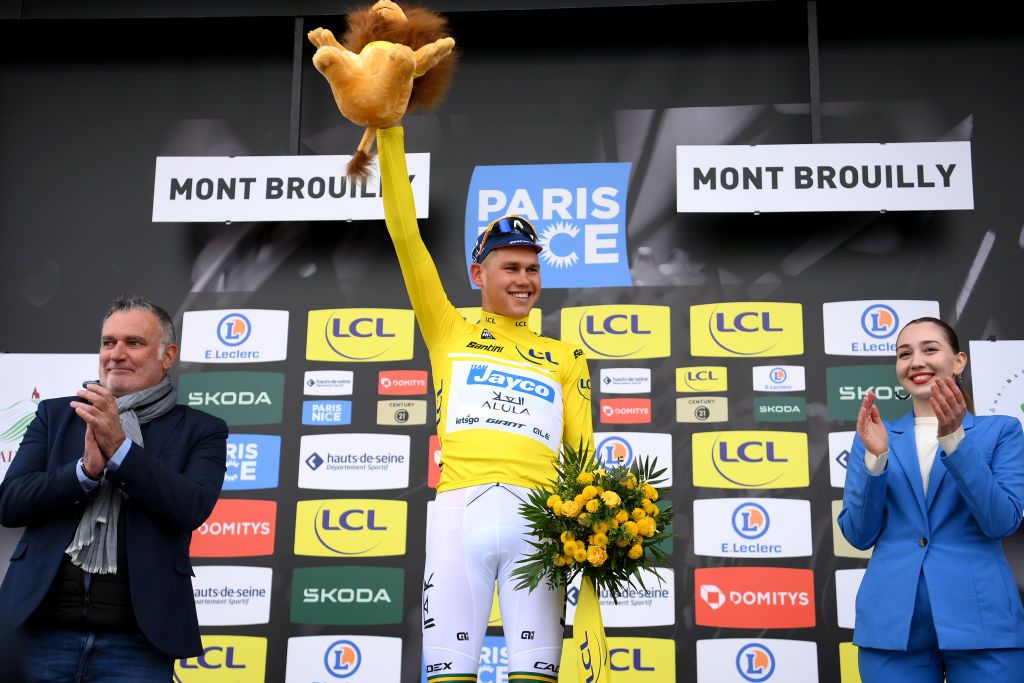 MONT BROUILLY FRANCE MARCH 06 Luke Plapp of Australia and Team Jayco AlUla celebrates at podium as Yellow Leader Jersey winner during the 82nd Paris Nice 2024 Stage 4 a 183km stage from ChalonsurSane to Mont Brouilly 476m UCIWT on March 06 2024 in Mont Brouilly France Photo by Alex BroadwayGetty Images