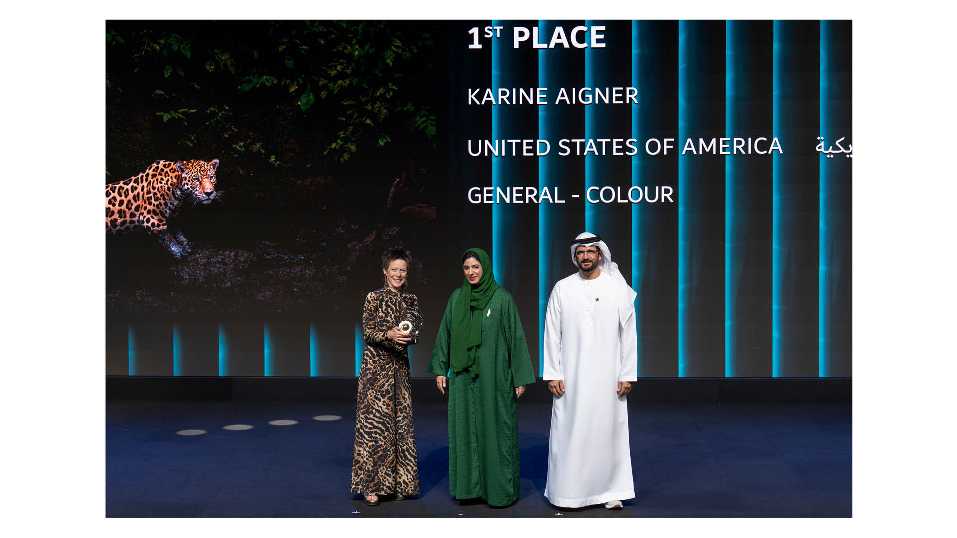American photographer Karine Aigner collecting her trophy for winning the General &amp;ndash; Color category of the 14th season of the Hamdan bin Mohammed bin Rashid Al Maktoum International Photography Awards (HIPA), in the Museum of the Future in Dubai, November 2025