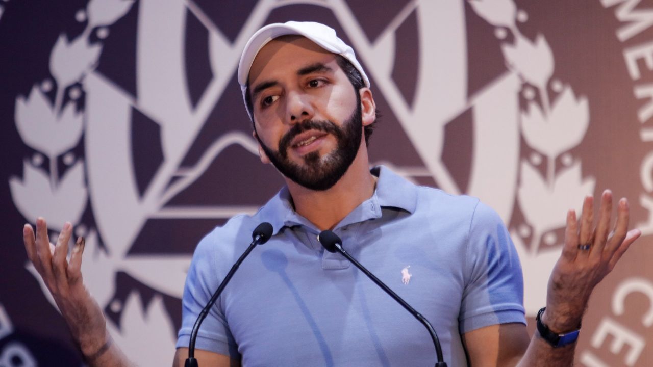 President of El Salvador, Nayib Bukele, speaks during a press conference after casting his vote in El Salvador&#039;s 2024 election.