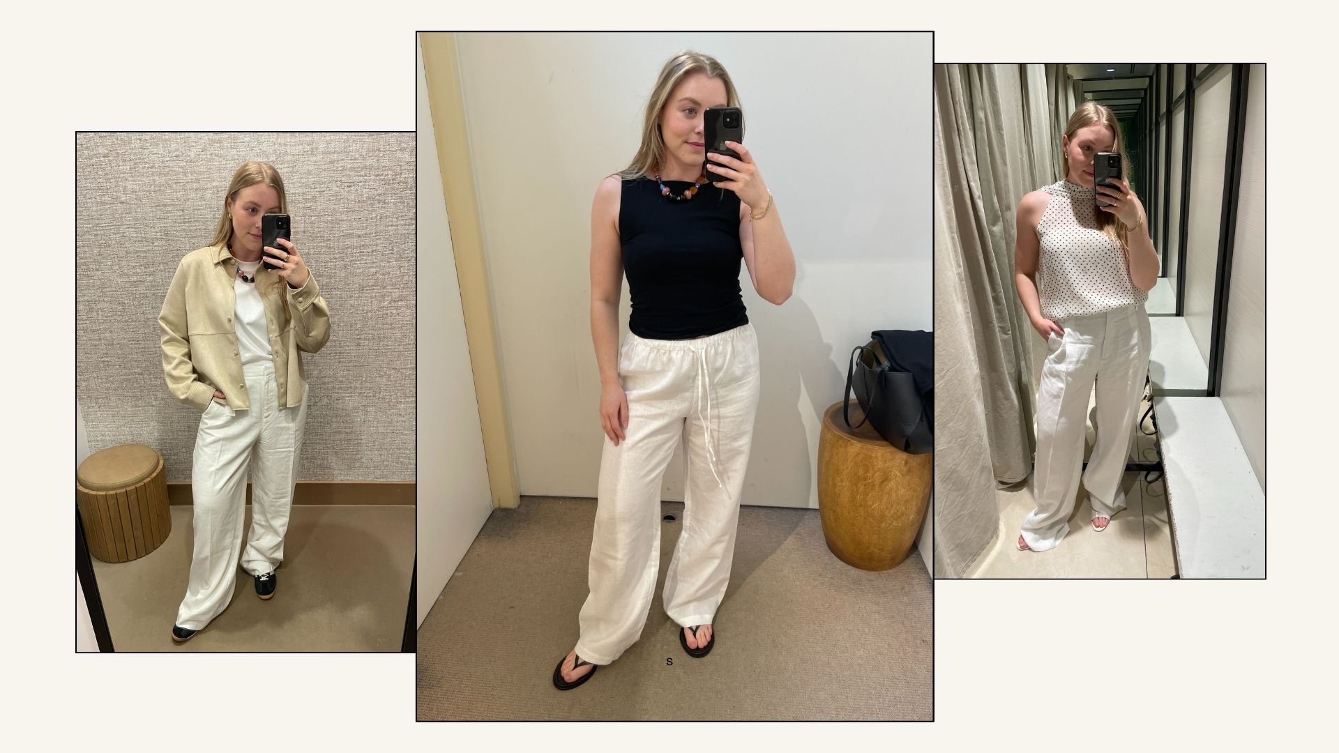 Woman wearing three white linen trousers