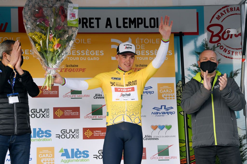 ROUSSON FRANCE FEBRUARY 03 Mad Pedersen of Denmark and Team Trek Segafredo celebrates winning the yellow points jersey on the podium ceremony after the 52nd toile De Bessges Tour Du Gard 2022 Stage 2 a 156km stage from SaintChristollesAls to Rousson 304m EtoiledeBesseges EDB2022 on February 03 2022 in Rousson France Photo by Luc ClaessenGetty Images