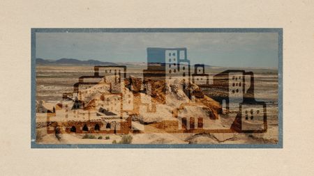 Photo collage of an archaeological ruin in Uzbekistan, overlaid with an illustration of a city. 