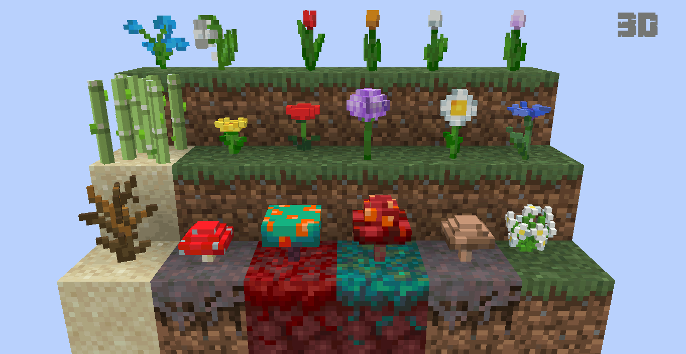 Plants before and after a Minecraft texture pack is applied.