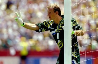 Brazil goalkeeper Claudio Taffarel gives indications to his defenders during the 1994 World Cup.