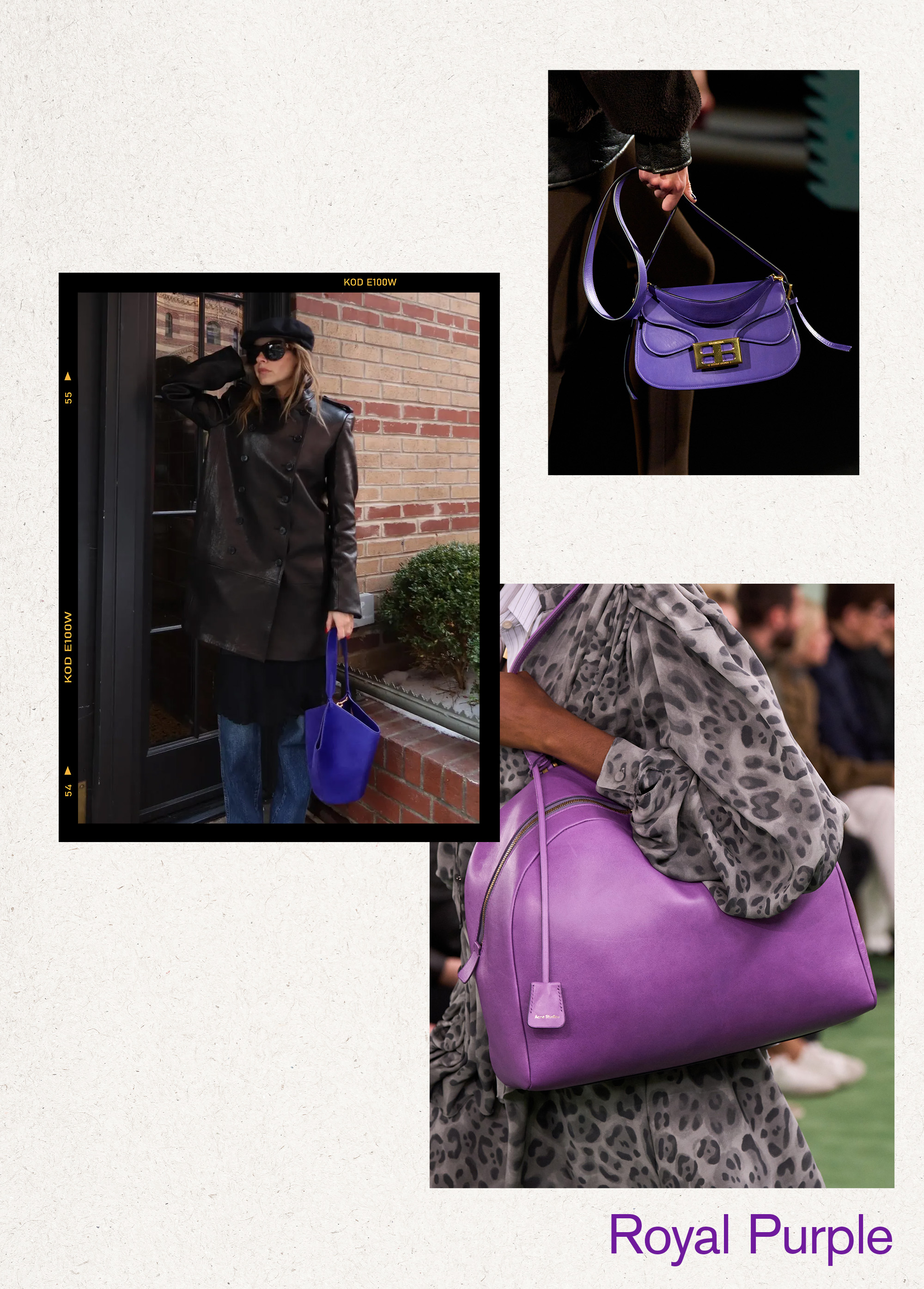 Collage of women, handbags, and runway imagery of the best spring 2026 handbag color trends.