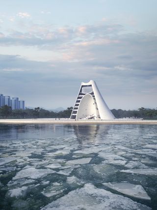 rendering of sun tower cultural complex against blues skies and sea