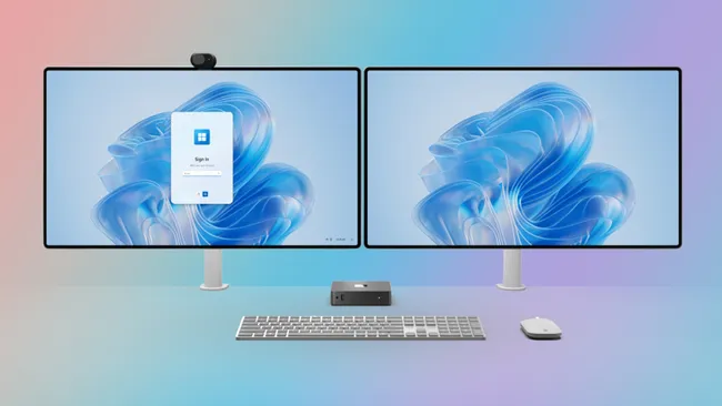 Dos monitores de alta resolución con un fondo azul y rosa degradado muestran la pantalla de inicio de sesión de Windows 365. En el centro, un pequeño dispositivo negro (Windows 365 Link) está conectado a un teclado inalámbrico y un ratón blanco, destacando un entorno de trabajo limpio y minimalista.