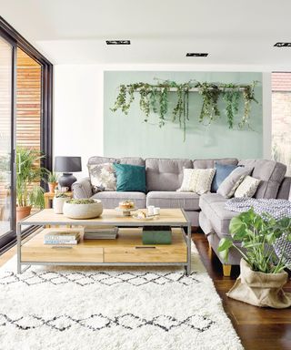 A green living room corner idea by Oak Furnitureland with grey L-shaped sofa and trailing ivy on shelf