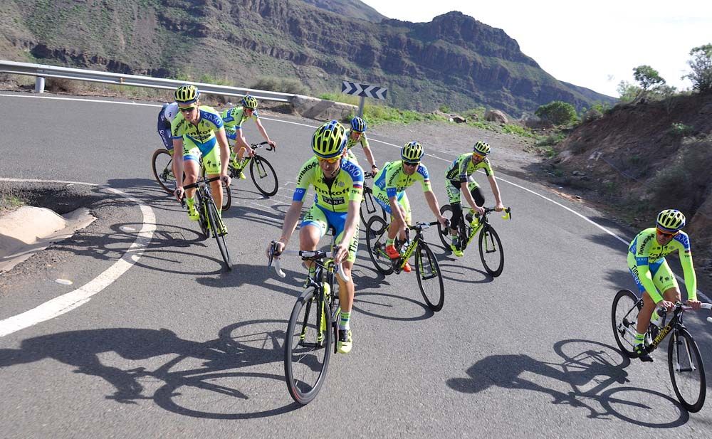 The Tinkoff-Saxo riders on a corner