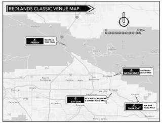 Route map for five days of pro races at 2023 Redlands Bicycle Classic