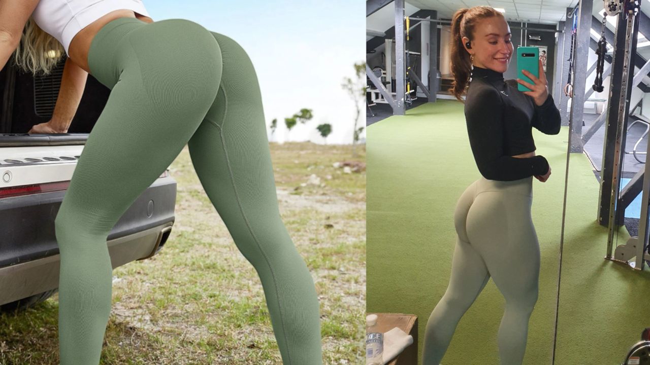 Woman in green scrunch bum leggings