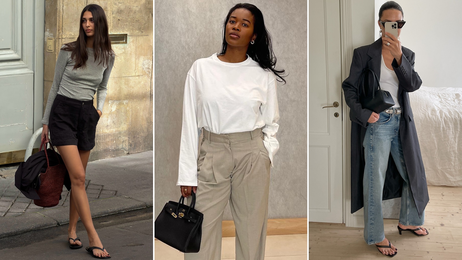 Fashion collage of style influencers Salome Mory, Marilyn Nwawulor-Kazemaks, and Johanna Piispa wearing chic outfits for 2026 with elevated basics like long-sleeve T-shirts, trousers, and jeans.