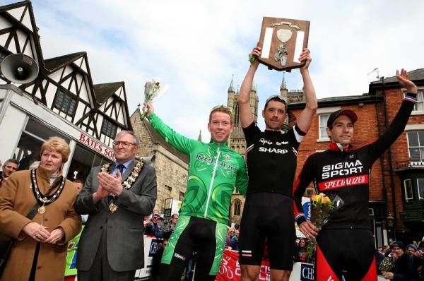 The winner's podium (L to R): Philip Lavery (Team Ireland) third overall and best U23, race winner Chris Newton (Rapha Condor Sharp), third placed Simon Richardson (Sigma Sport / Specialised).