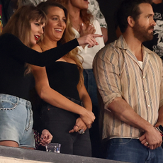 Singer Taylor Swift and Actor Ryan Reynolds look on prior to the game between the Kansas City Chiefs and the New York Jets at MetLife Stadium on October 01, 2023 in East Rutherford, New Jersey.