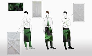Bar staff uniform. Three designs. All wearing an emerald green lower apron. All wearing white shirts with one wearing a green tie.