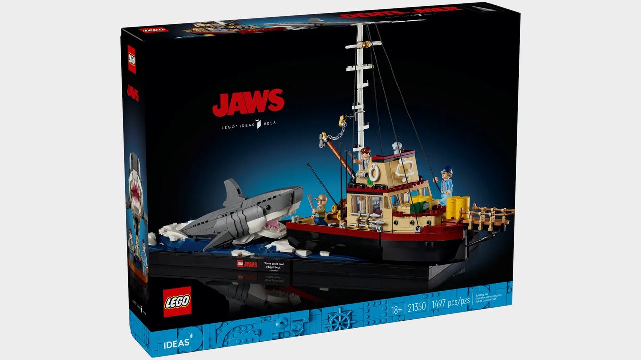 Lego Jaws and minifigures on a plain background