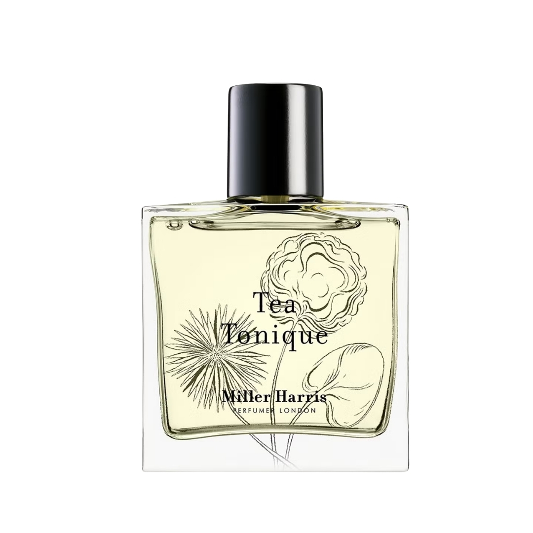 A product shot of the Miller Harris Tea Tonique Eau de Parfum, on a white background