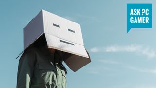 Someone with a box on their head against a blue sky, with the ask pc gamer logo in the top corner.