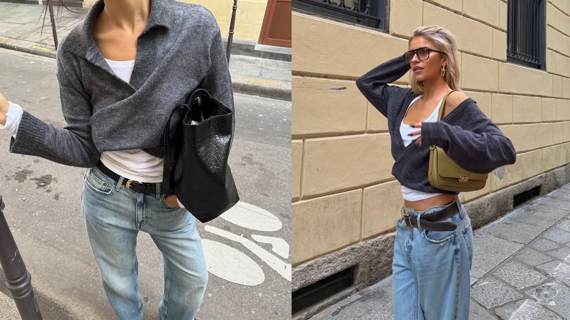 woman wearing gray sweater spring outfit 2026