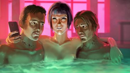 A vampire and two bloodbags in a hot tub in Nighthawks