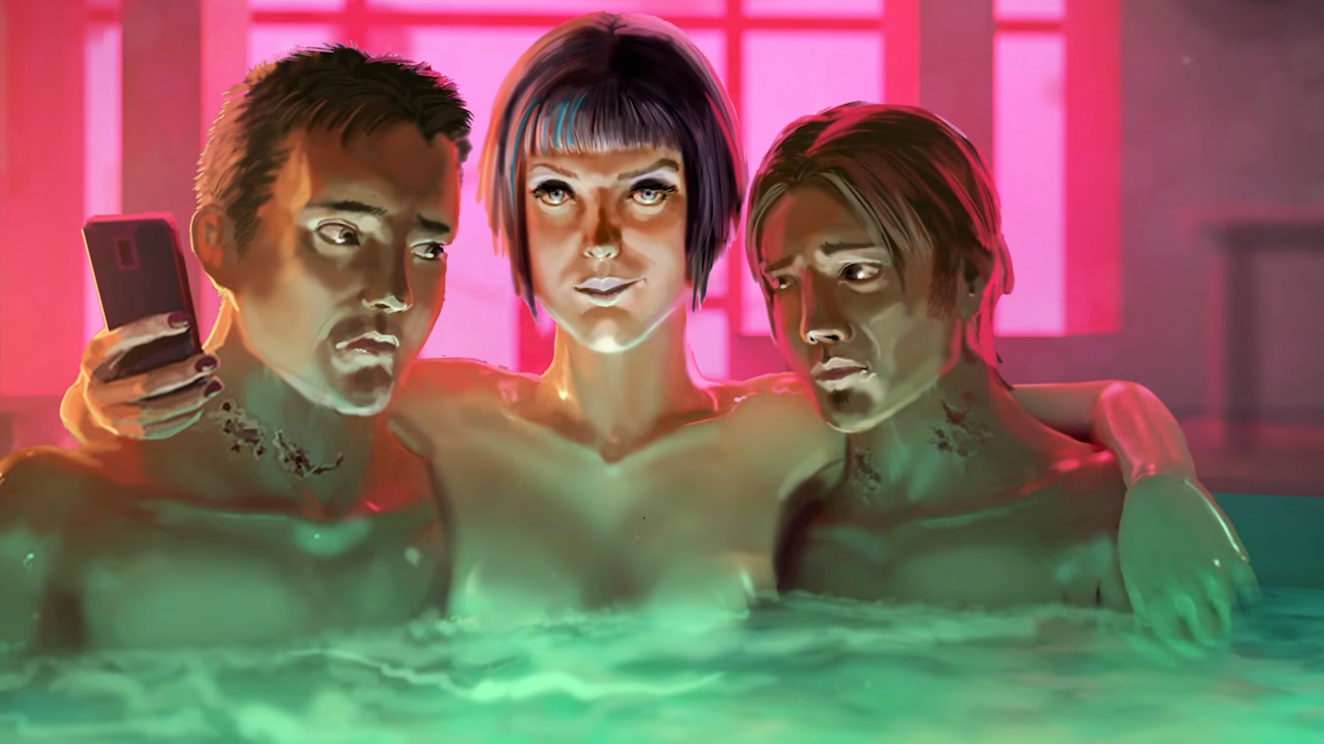 A vampire and two bloodbags in a hot tub in Nighthawks