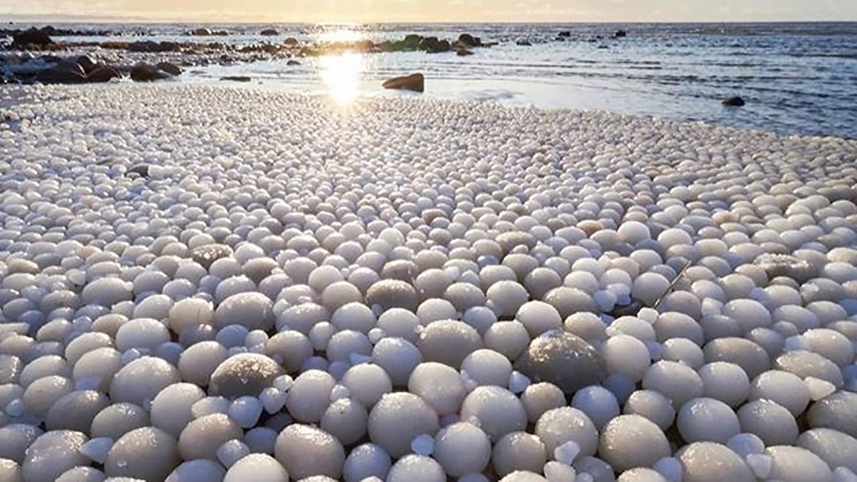 Ice eggs along shoreline