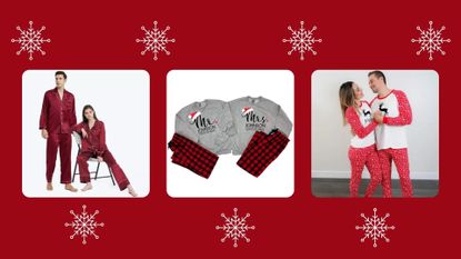 Three of w&h's picks for his and hers christmas pyjamas 2021 on a festive red patterned background with white snowflakes