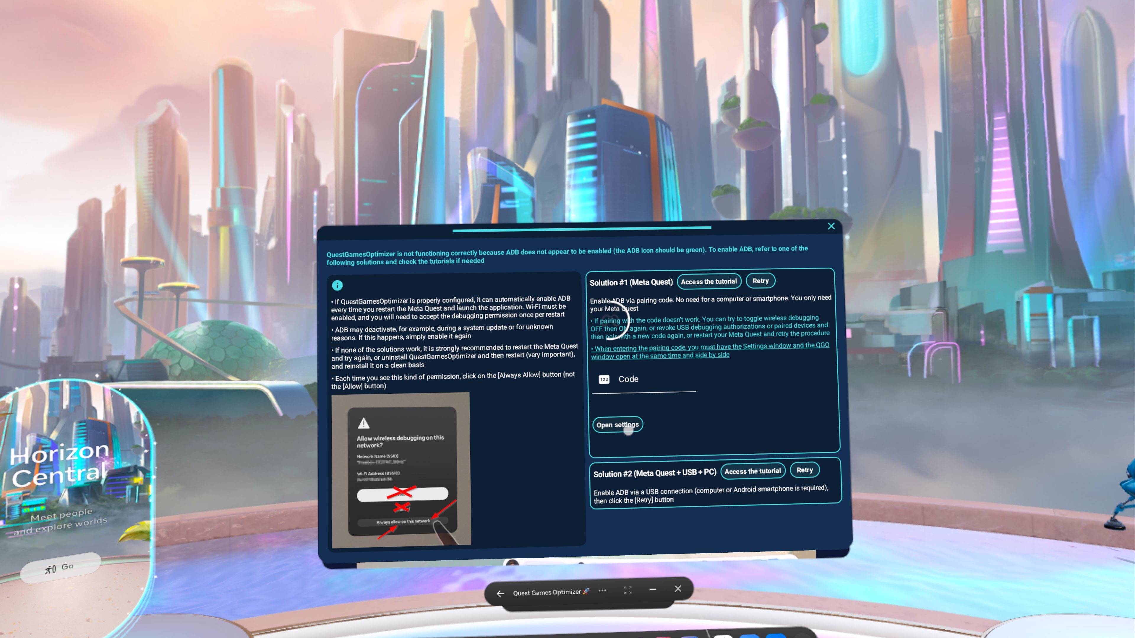 Quest Game Optimizer app windows showing settings on Meta Quest 3 in VR