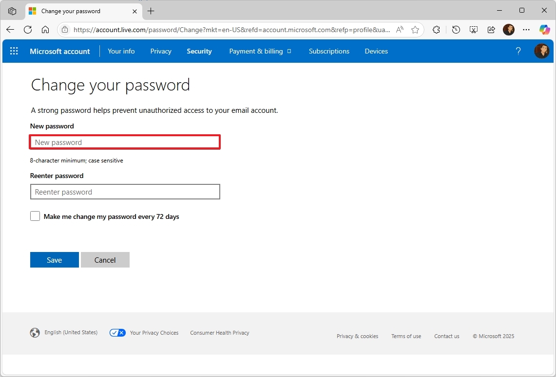 Microsoft account change Windows 11 password