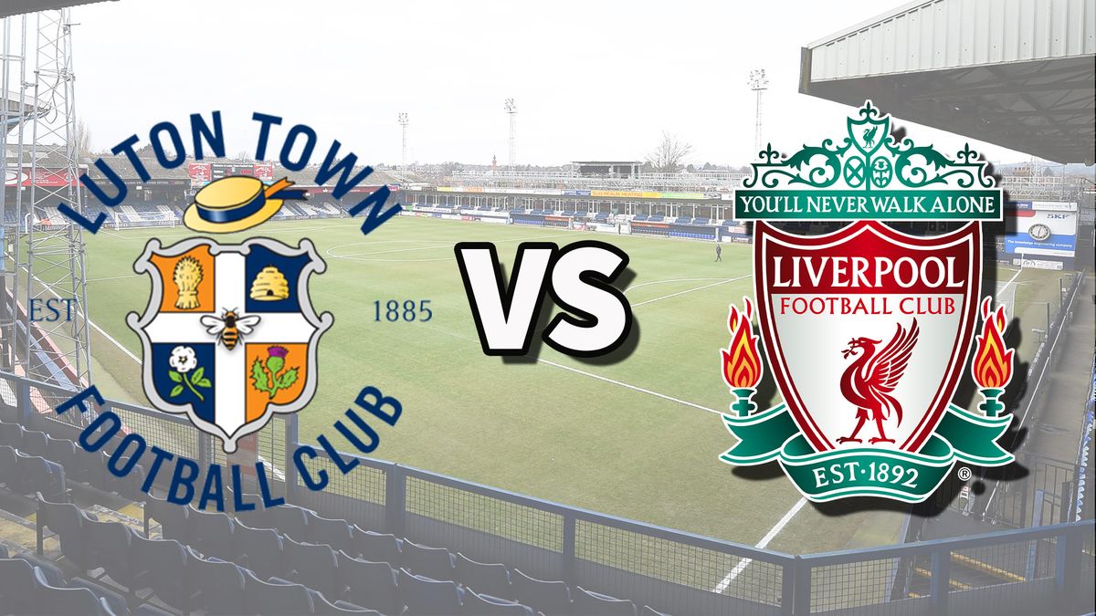 The Luton Town and Liverpool club badges on top of a photo of Kenilworth Road stadium in Luton, England