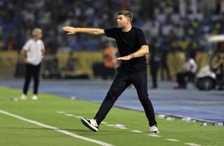 Steven Gerrard gives instructions to his players during a Saudi Pro League game between Al-Ettifaq and Al Nassr in August 2023.