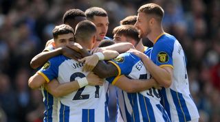 Brighton players celebrate one of their goals in the 6-0 win over Wolves in the Premier League in April 2023.