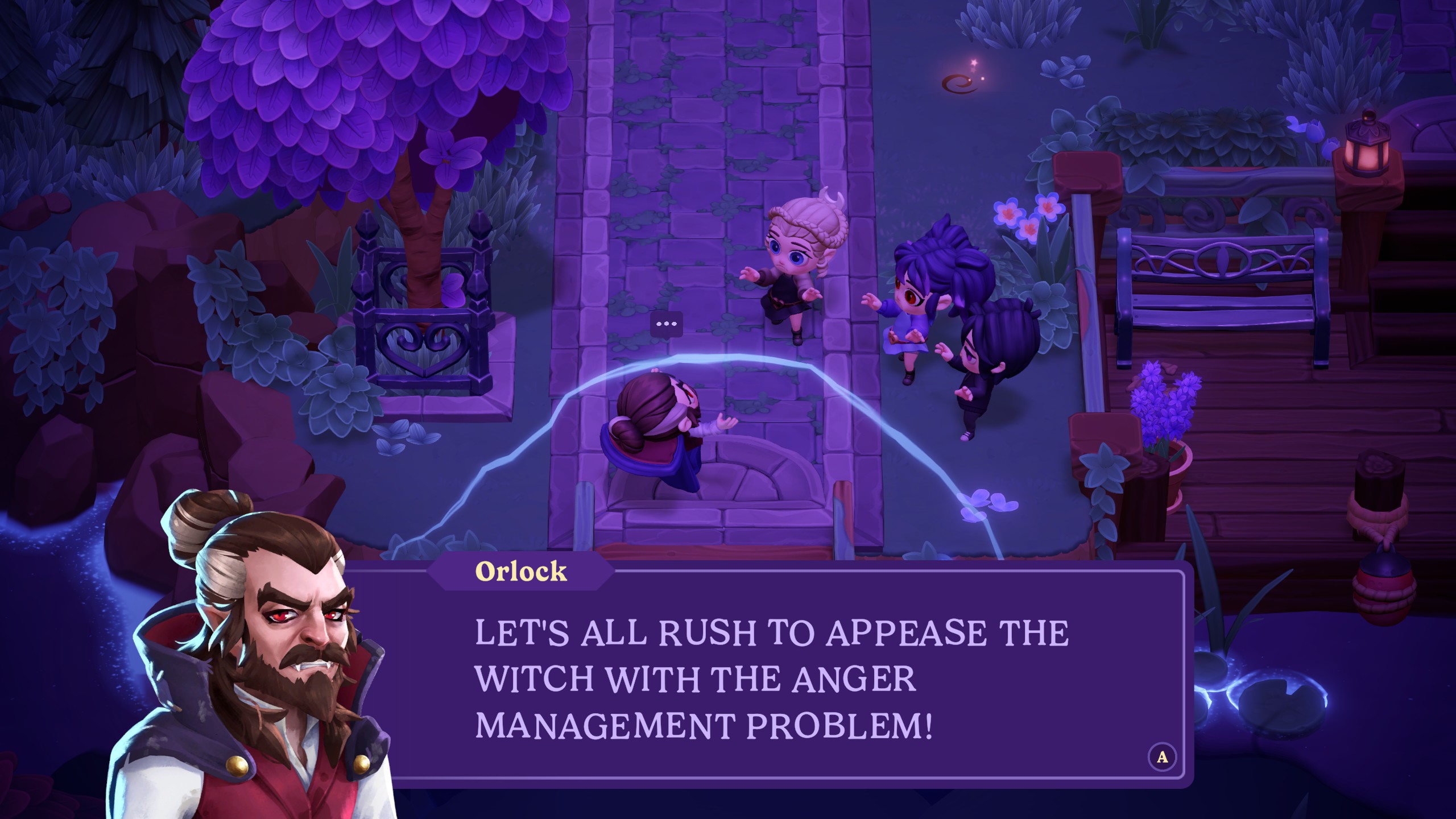 Moonlight Peaks - Orlock raises his hands in the air and screams in all caps: &amp;quot;Let's all rish to appease the witch with the anger management problem!&amp;quot;