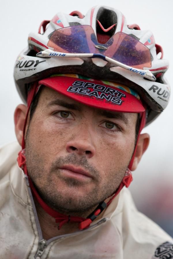 Ken Hanson (Jelly Belly) following a long, wet day in the saddle.