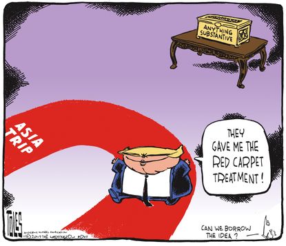 Political cartoon U.S. Trump Asia trip