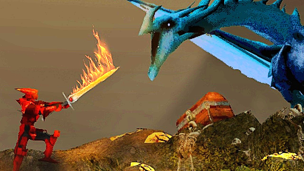 Knight in red armor with flaming sword challenging blue dragon