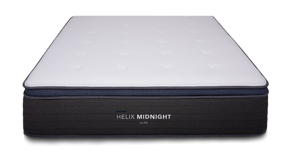 best mattress in a box: the Helix Midnight Luxe boxed mattress with a black base and white top