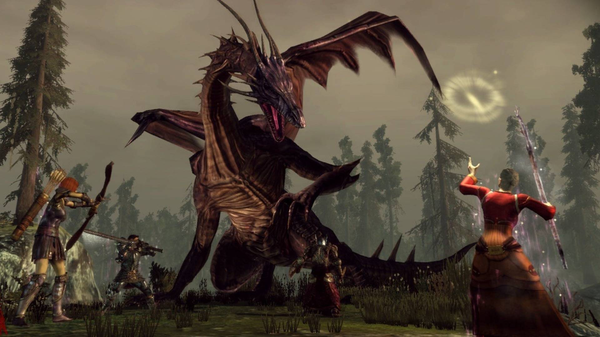 In Dragon Age: Origins, companions Wynne and Leliana help the Warden fight a dragon